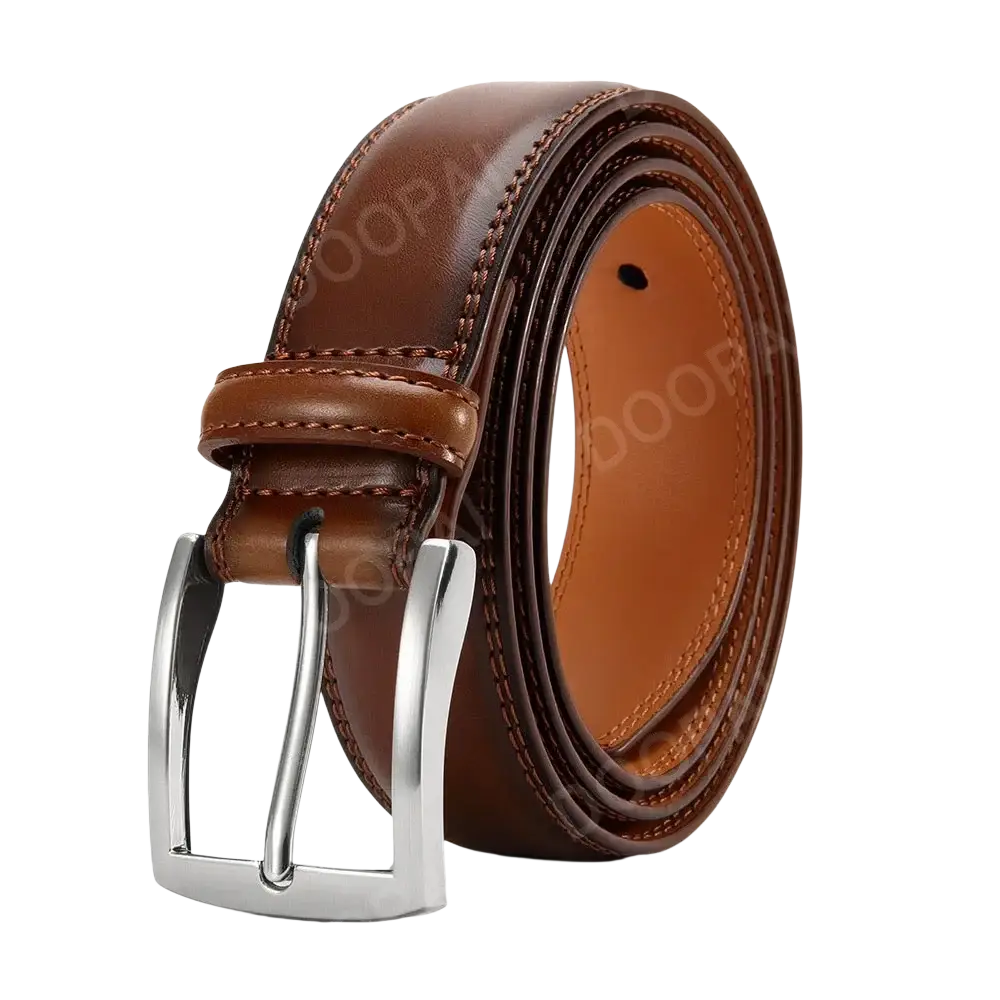 Men leather ratchet belt with automatic silver-toned buckle brown leather and contrasting tan inner lining with stitching