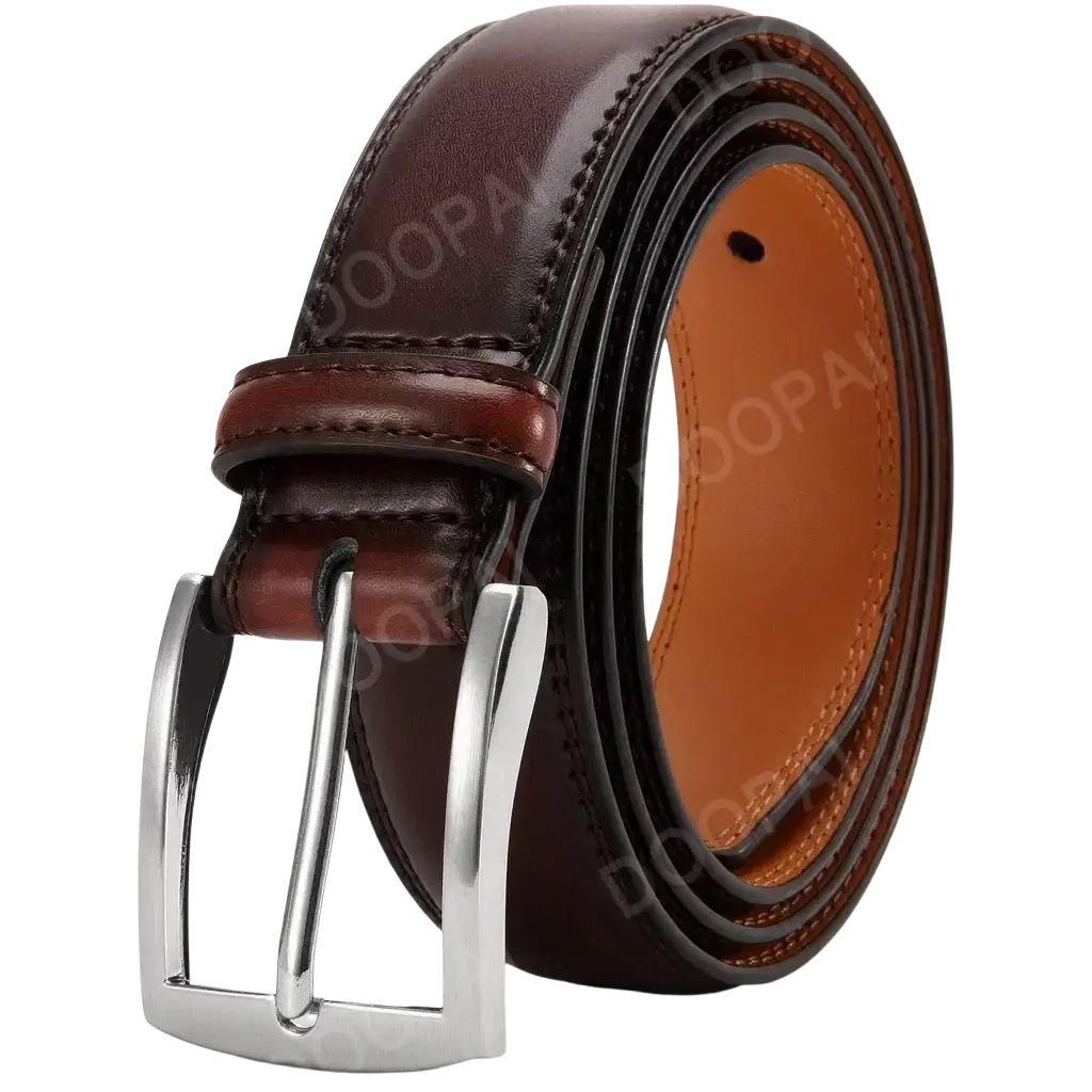 Men leather ratchet belt with brown leather, silver toned automatic buckle, and contrasting tan inner lining
