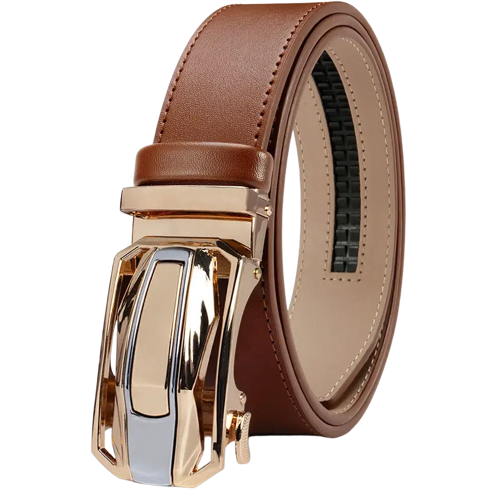 Men leather ratchet belt in brown with a gold and silver-toned automatic buckle for adjustable fit