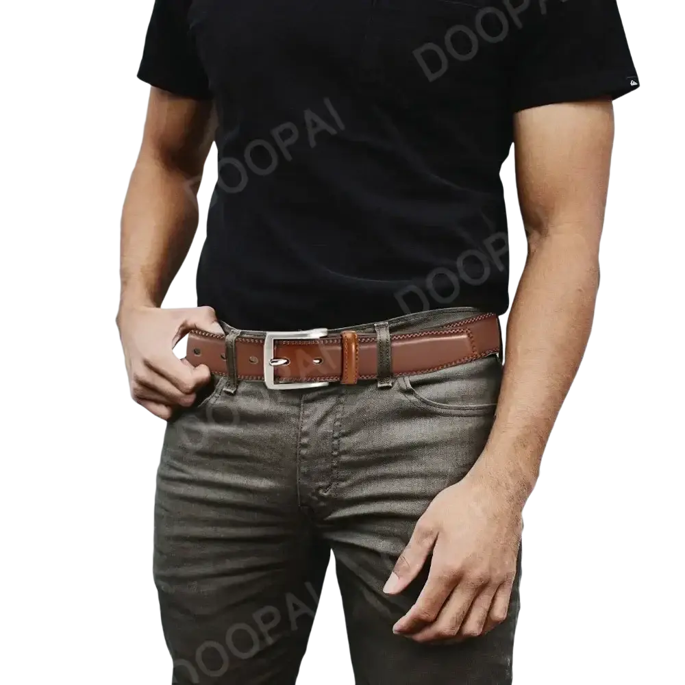 Brown leather men ratchet belt with silver toned automatic buckle for adjustable fastening