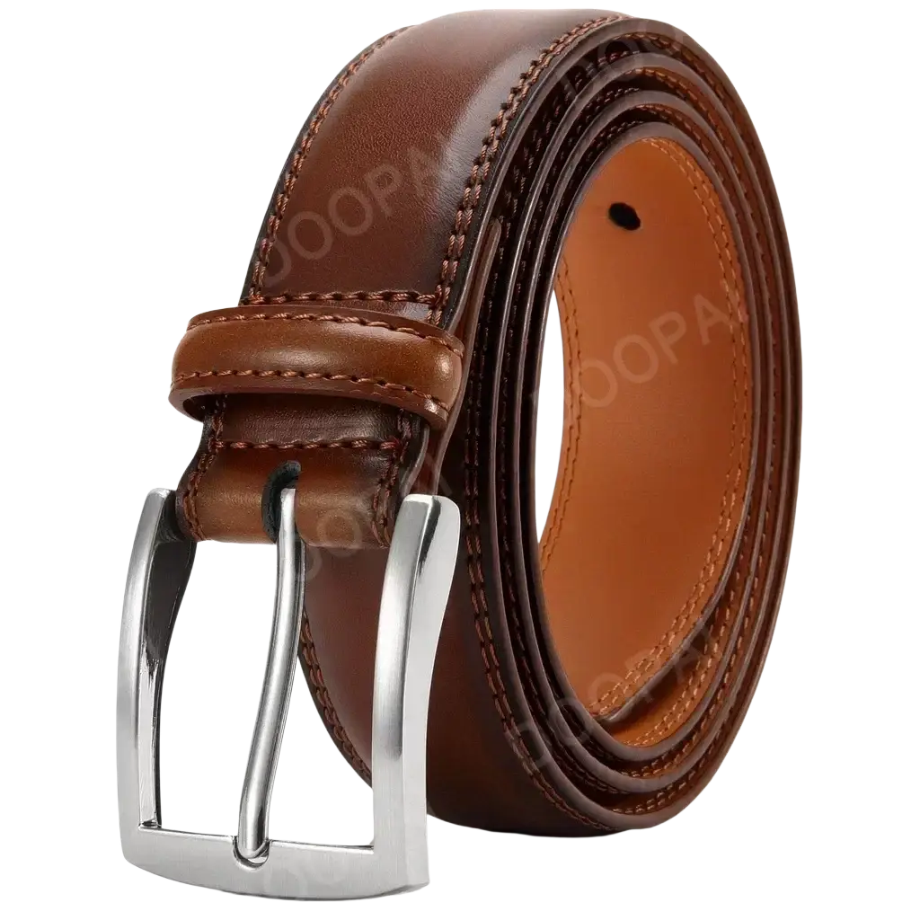 Brown leather men ratchet belt with silver-toned automatic buckle showing front side details