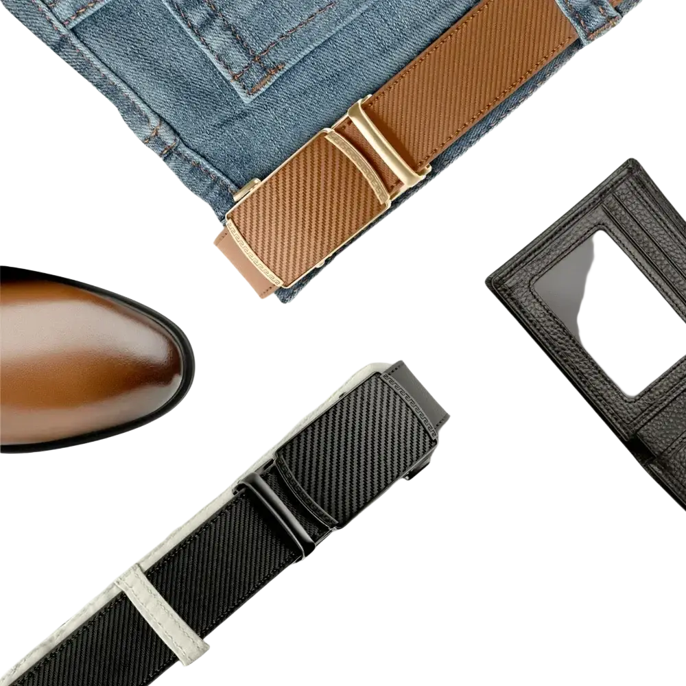 Men leather ratchet belt in brown with gold-tone automatic buckle and textured leather surface