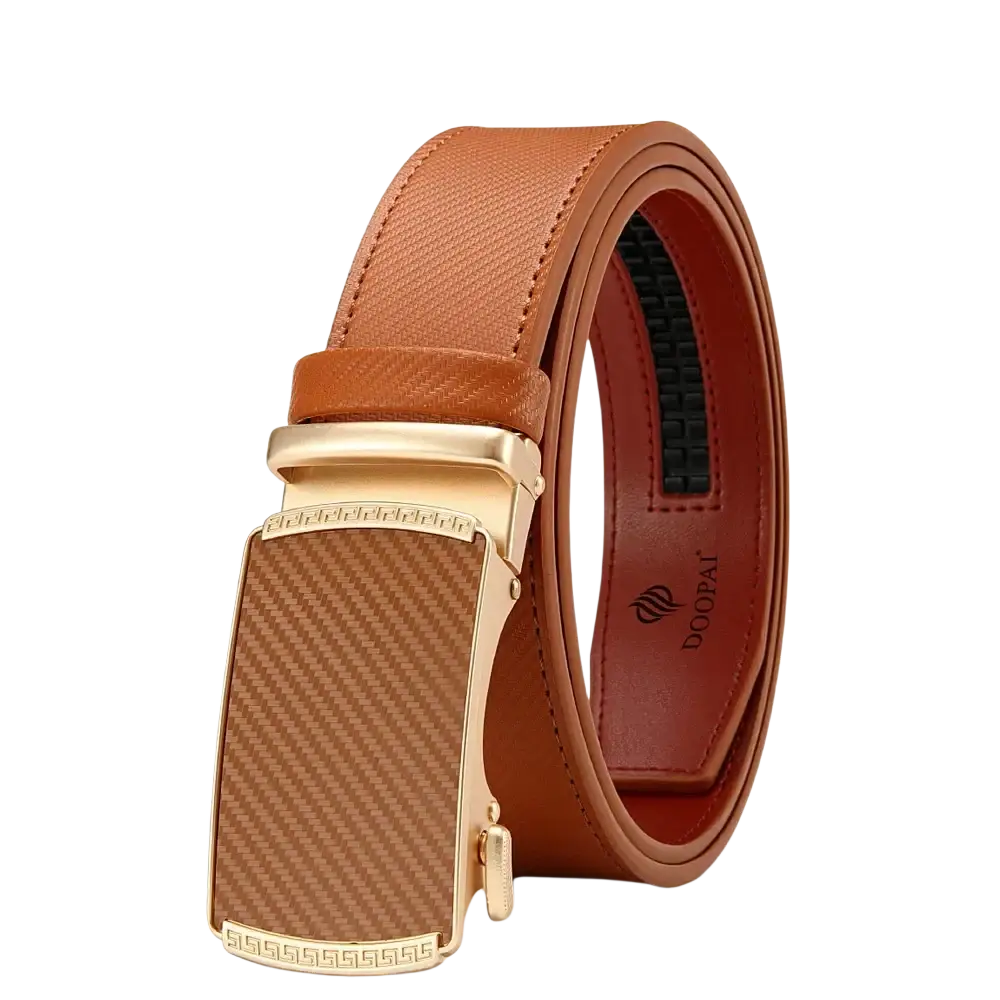 Men leather ratchet belt in brown with gold-toned automatic buckle featuring carbon fiber pattern and Greek key detailing