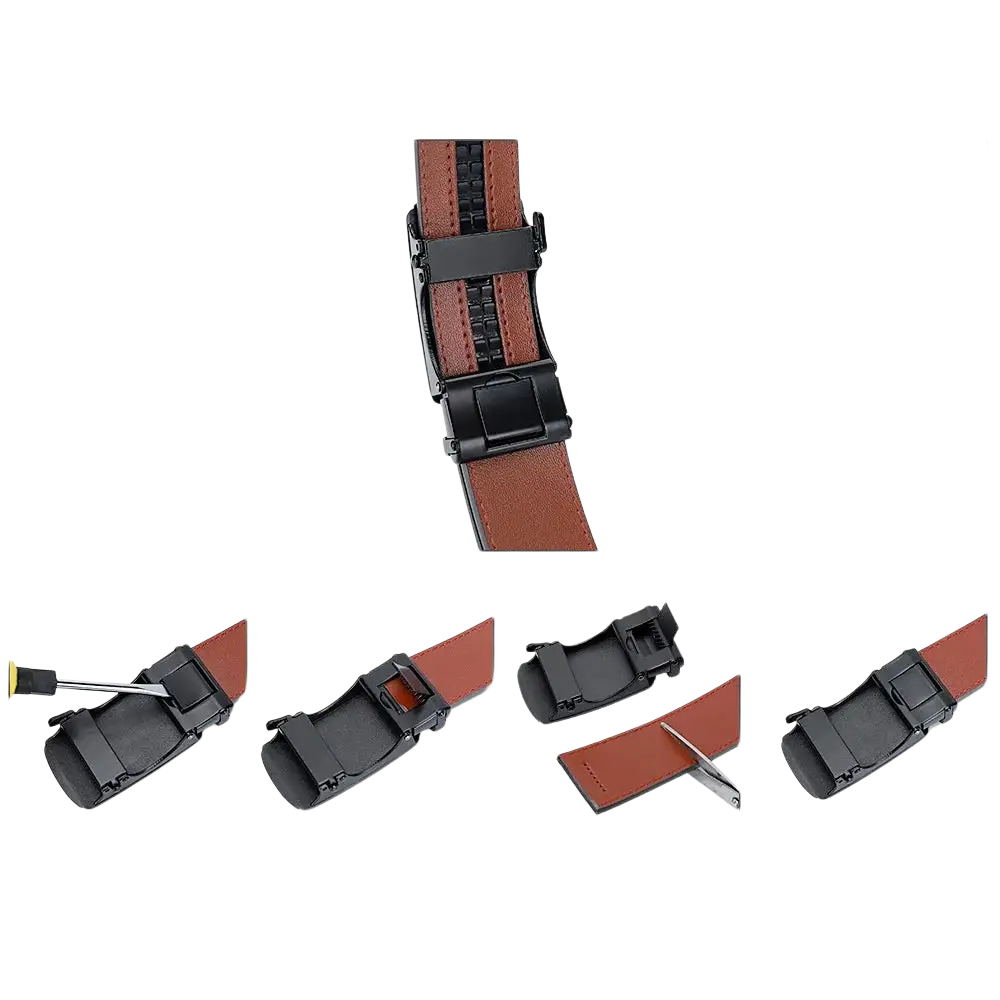 Ceinture à cliquet en cuir marron pour homme avec boucle automatique noire, vue de face