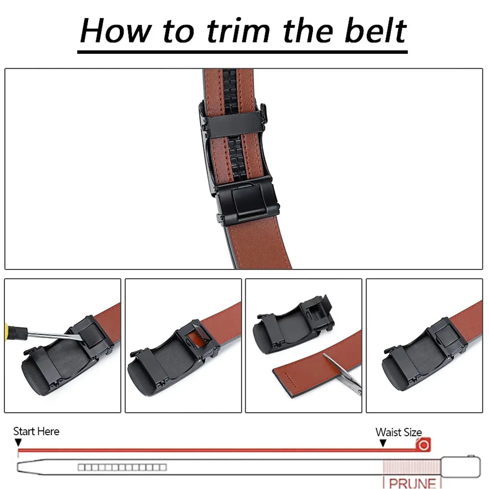 Ceinture à cliquet en cuir marron pour homme avec boucle automatique noire, vue de face