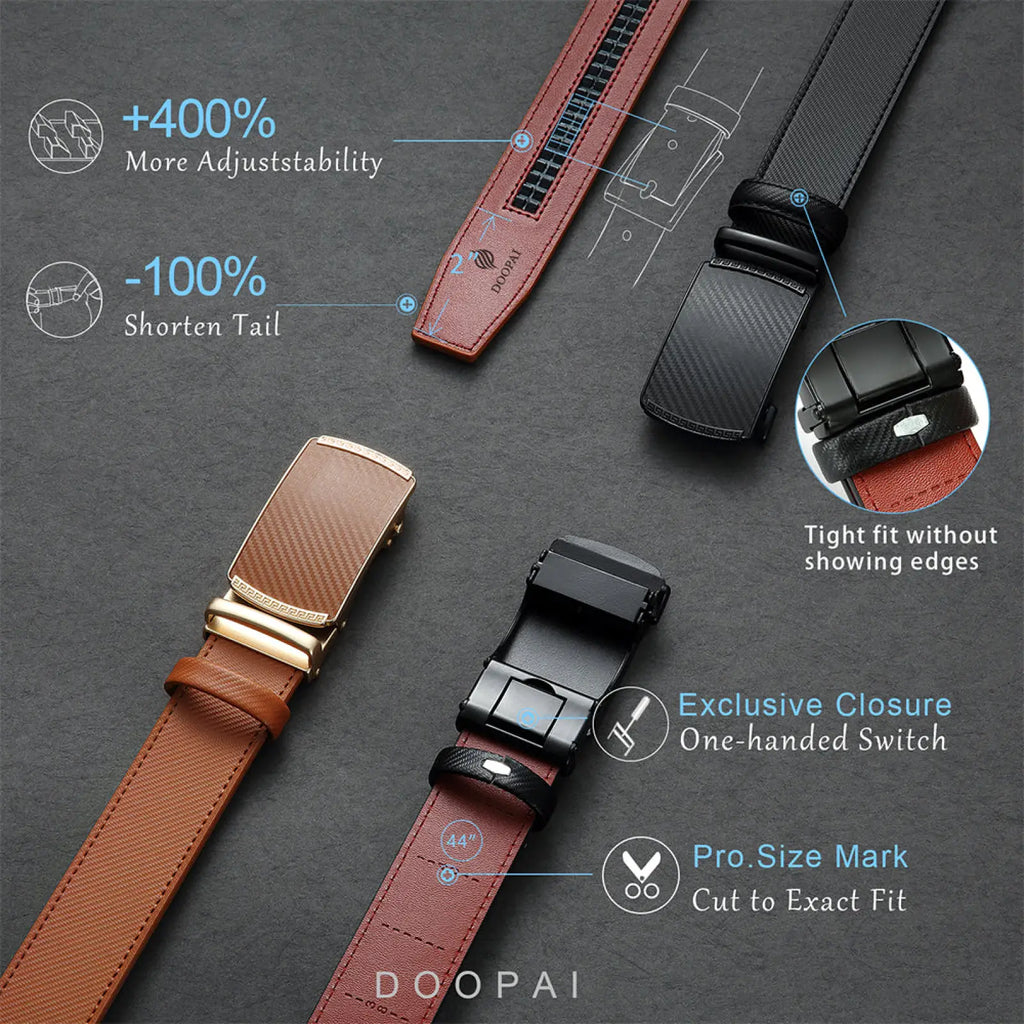 Men leather ratchet belt in brown with a gold-toned buckle and black carbon fiber-patterned automatic closure