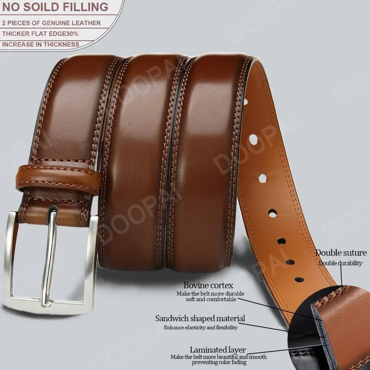 Men leather ratchet belt in brown with a silver automatic buckle and double-stitched edges