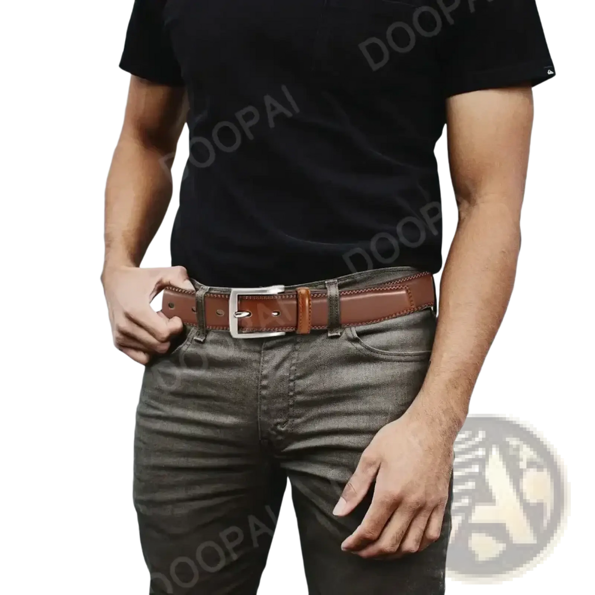 Brown leather men ratchet belt with silver toned automatic buckle for adjustable fastening