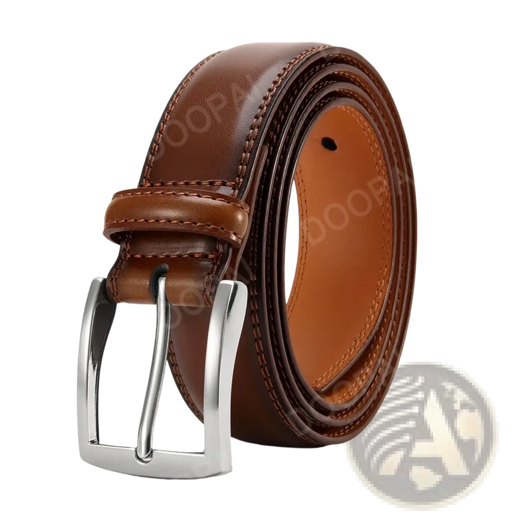 Men leather ratchet belt with automatic silver-toned buckle brown leather and contrasting tan inner lining with stitching