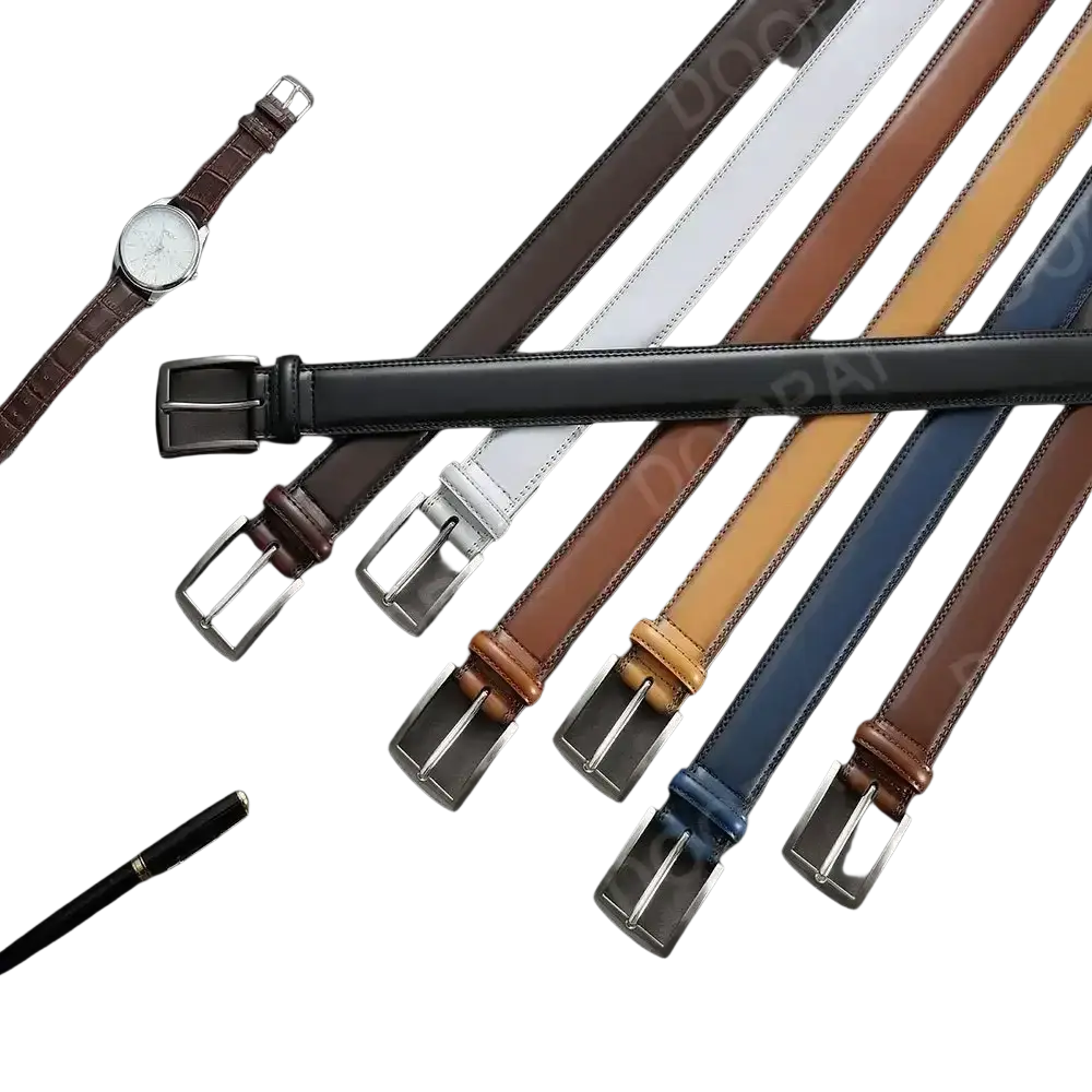 A collection of men leather ratchet belts in black white brown tan and blue with automatic buckle design