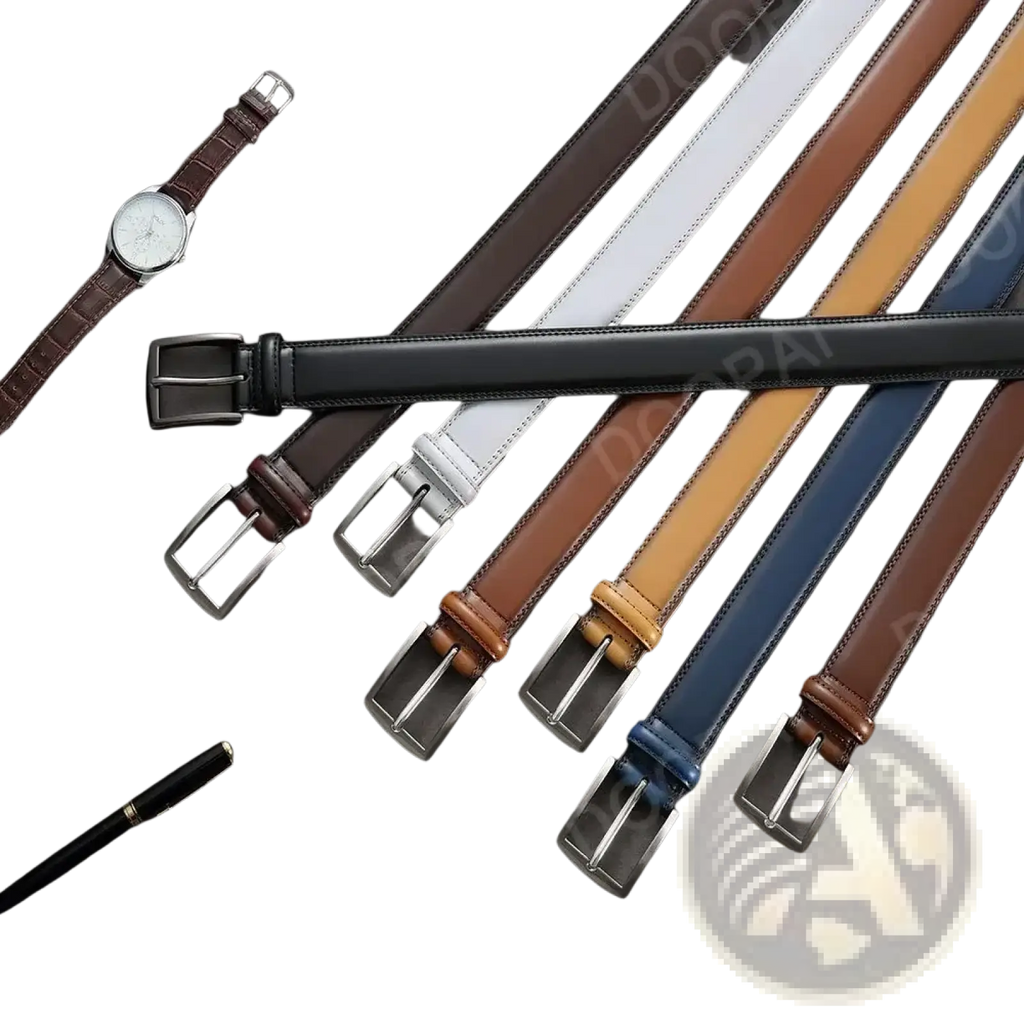 A collection of men leather ratchet belts with automatic silver buckles in black white brown tan and blue colors