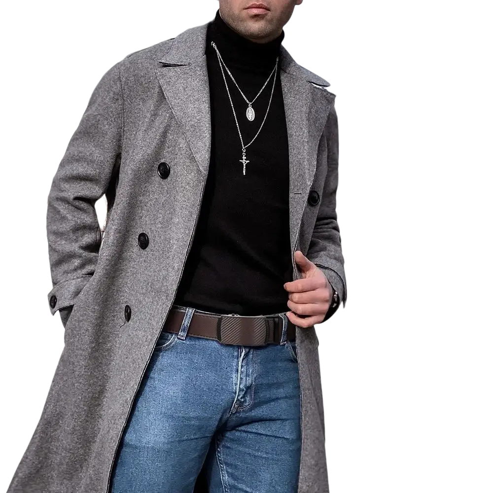 Gray wool overcoat with black buttons and subtle sleeve embroidery paired with men leather ratchet belt automatic buckle