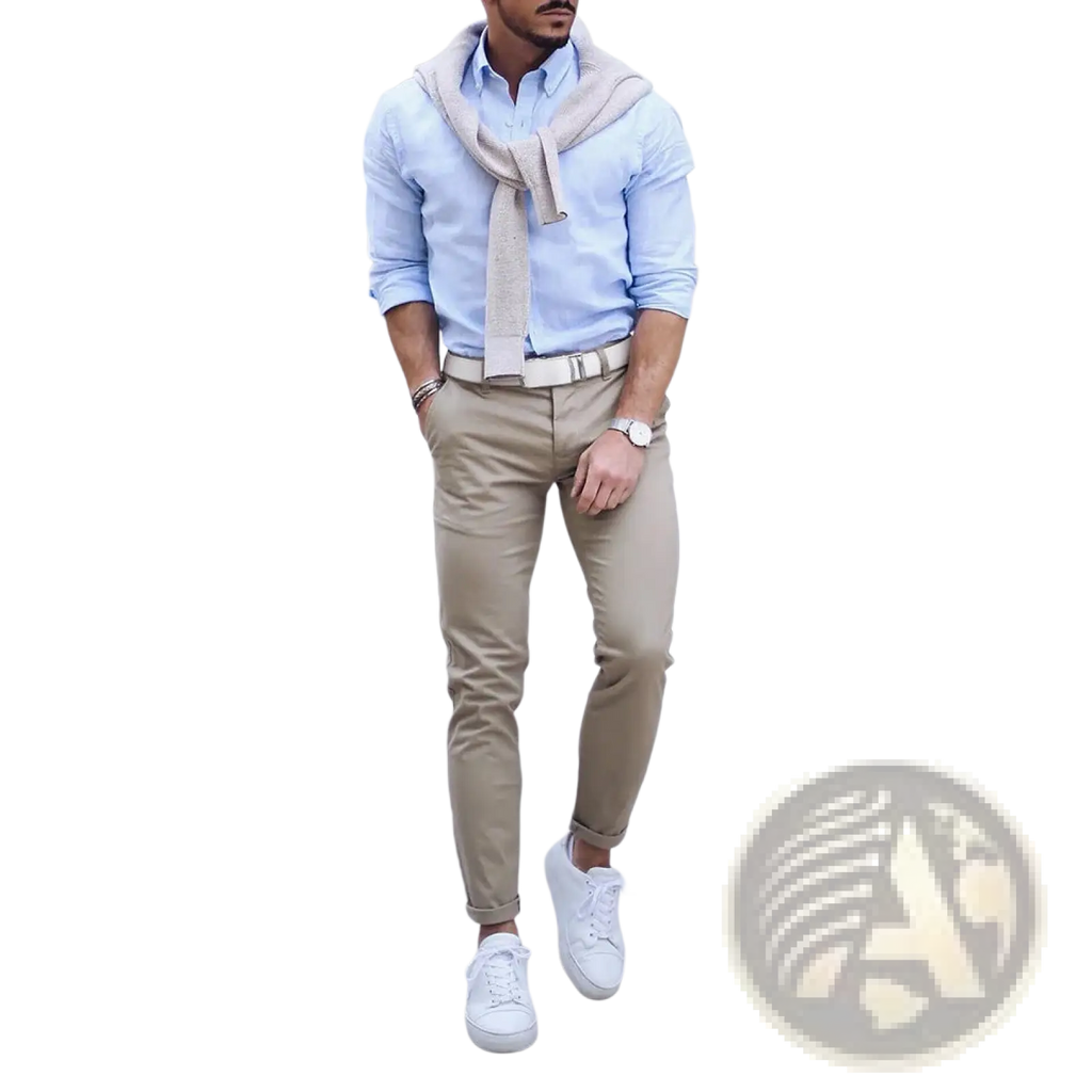 A man wearing a men leather ratchet belt with automatic buckle paired with light blue shirt beige chinos and white sneakers
