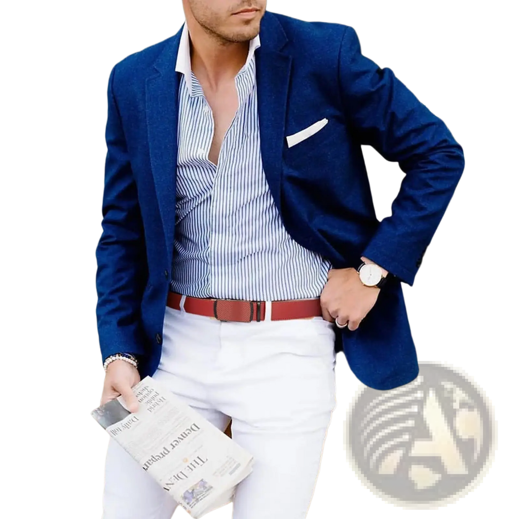 A man wearing a navy blue blazer white and blue striped shirt and white trousers featuring a men leather ratchet belt automatic buckle