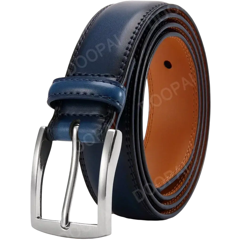 Navy blue men leather ratchet belt with silver-toned automatic buckle and tan inner lining for formal wear