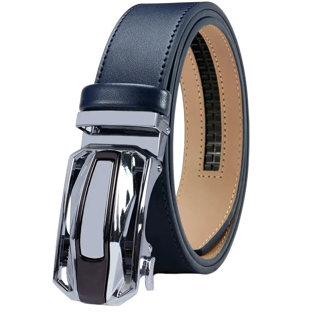 Men leather ratchet belt in navy blue leather with a sleek chrome finished automatic buckle for formal wear