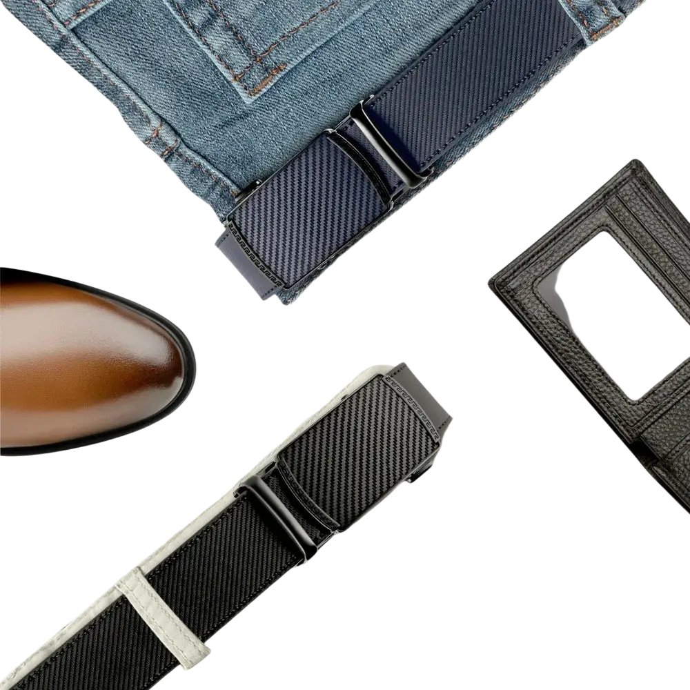 Navy blue carbon fiber textured men leather ratchet belt with sleek black automatic buckle for formal wear