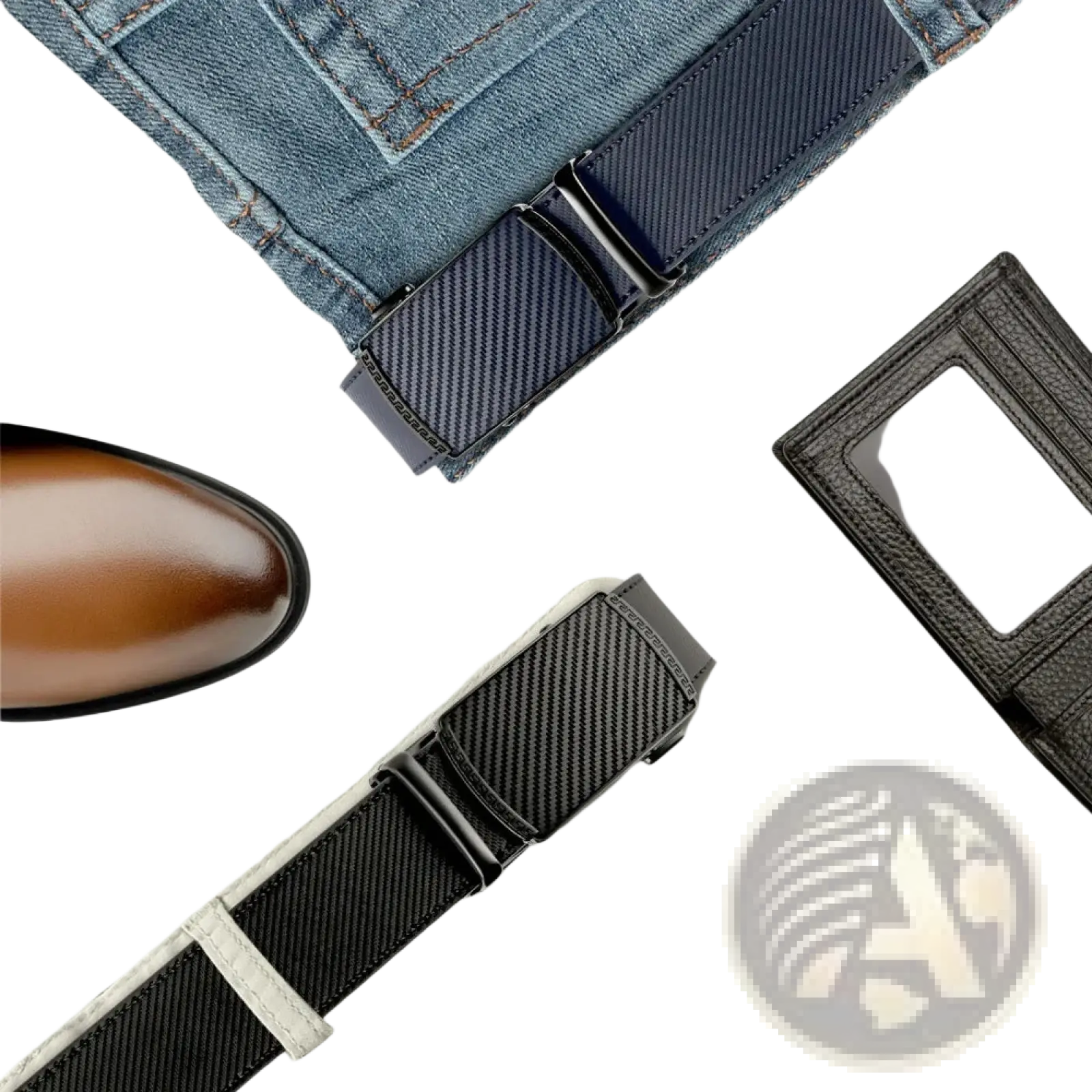 Navy blue carbon fiber textured men leather ratchet belt with sleek black automatic buckle for formal wear