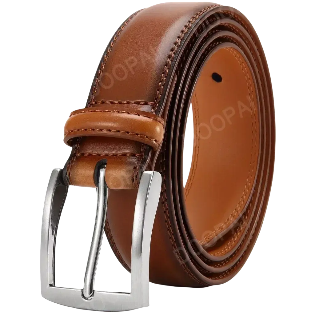 A polished silver-toned automatic buckle attaches to a rich brown leather men leather ratchet belt with stitching