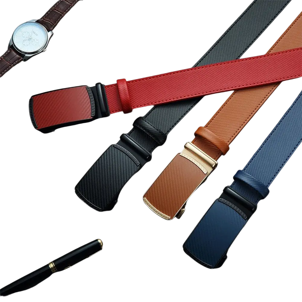 Men leather ratchet belt in red with a black carbon fiber patterned automatic buckle for secure fastening