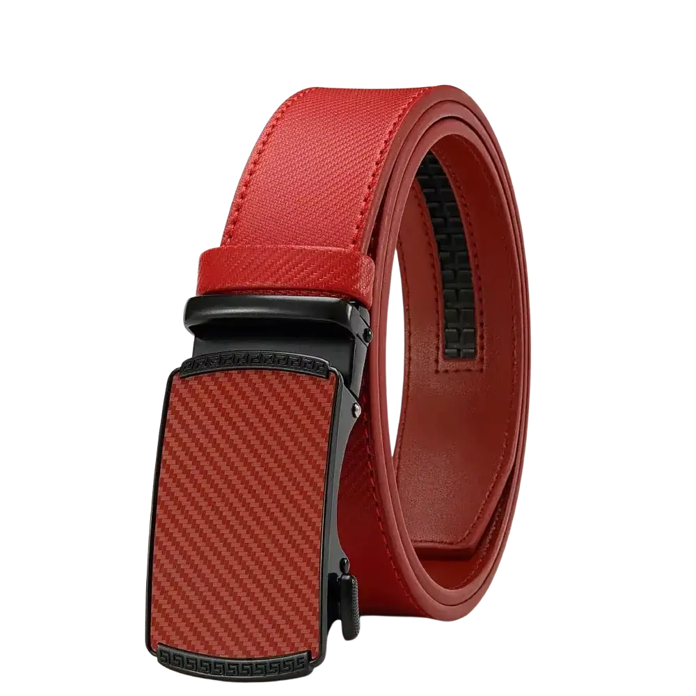 Men leather ratchet belt in red with black carbon fiber pattern automatic buckle and decorative greek key detailing
