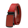 Men leather ratchet belt in red with black carbon fiber pattern automatic buckle and decorative greek key detailing