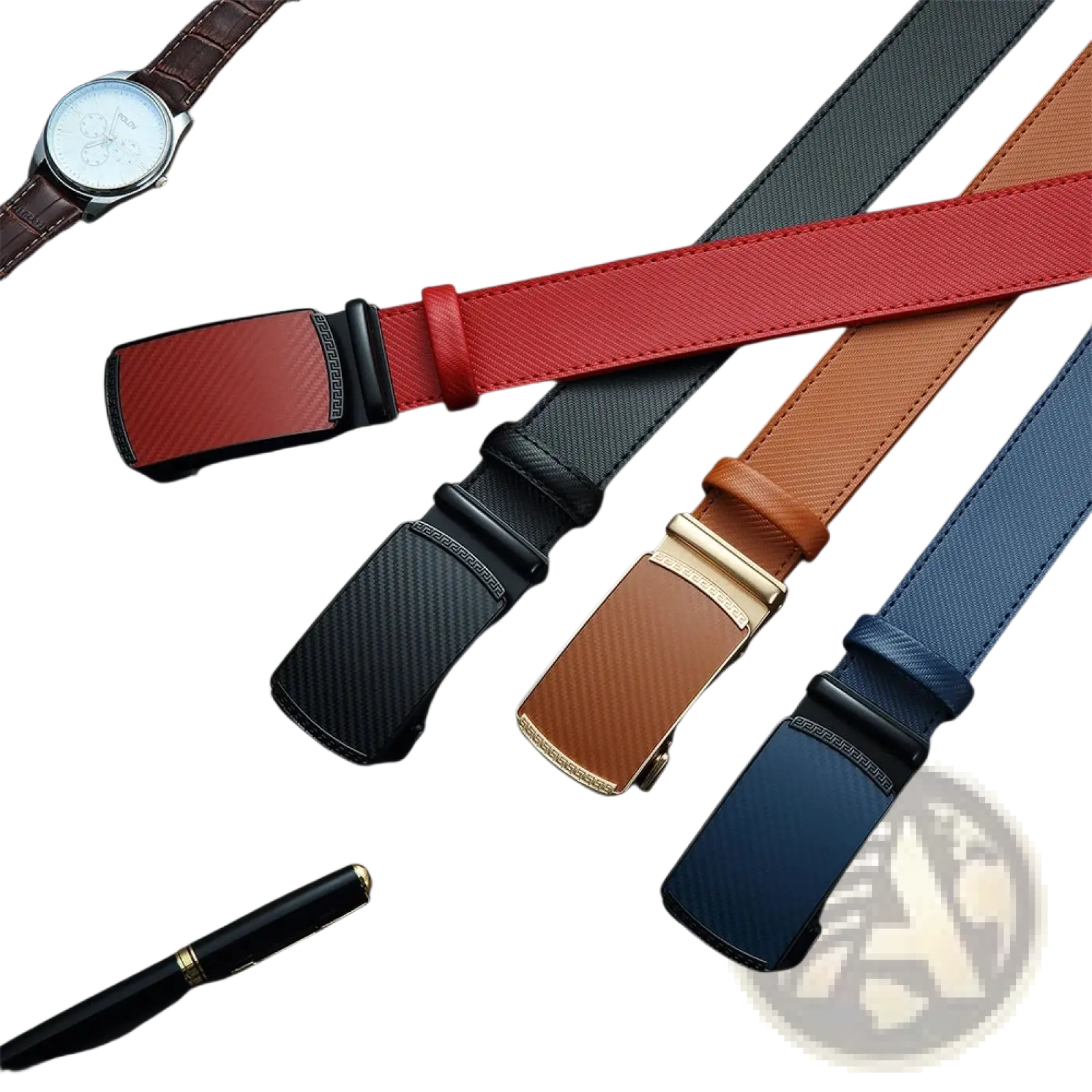 Ceinture à cliquet en cuir rouge pour homme avec boucle automatique texturée en fibre de carbone et coutures noires.