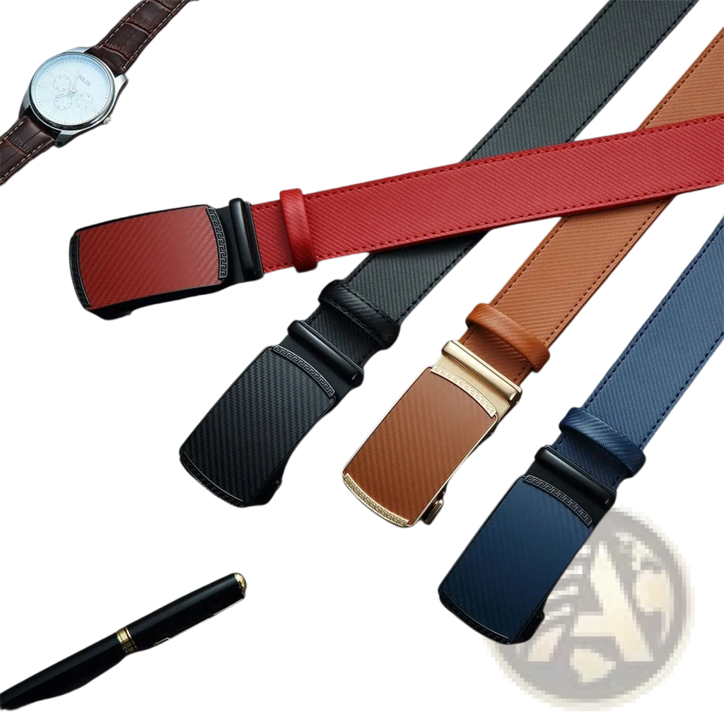 Men leather ratchet belt in red with a black carbon fiber patterned automatic buckle for secure fastening