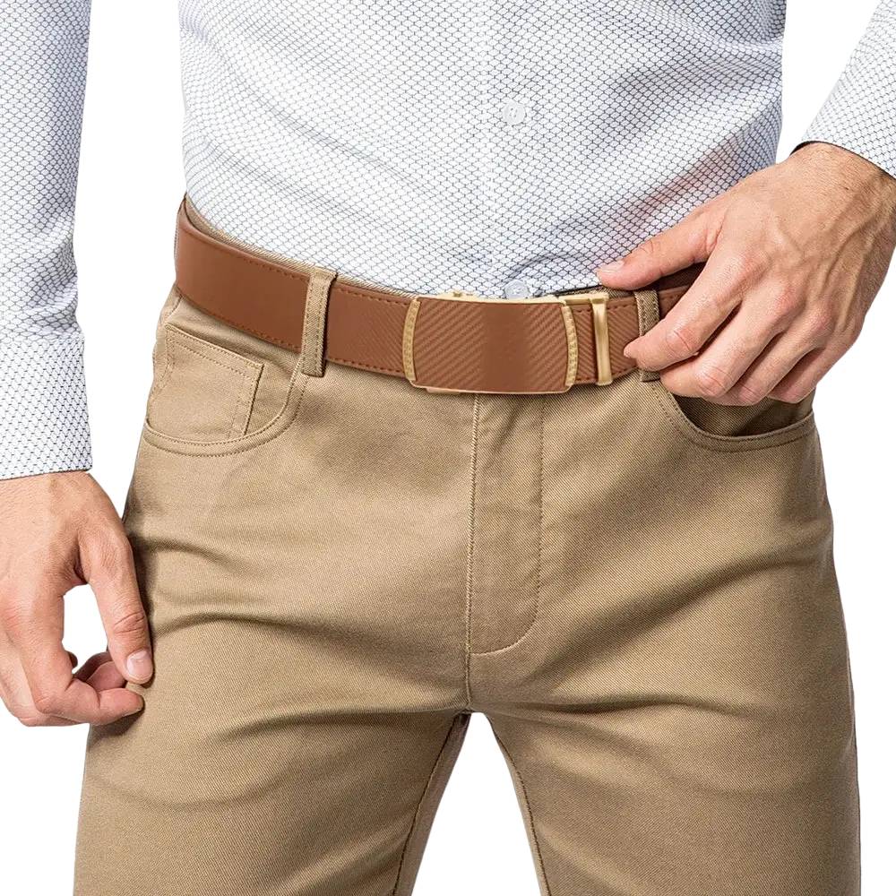 Tan leather ratchet belt with gold-toned textured automatic buckle for men displayed from front view