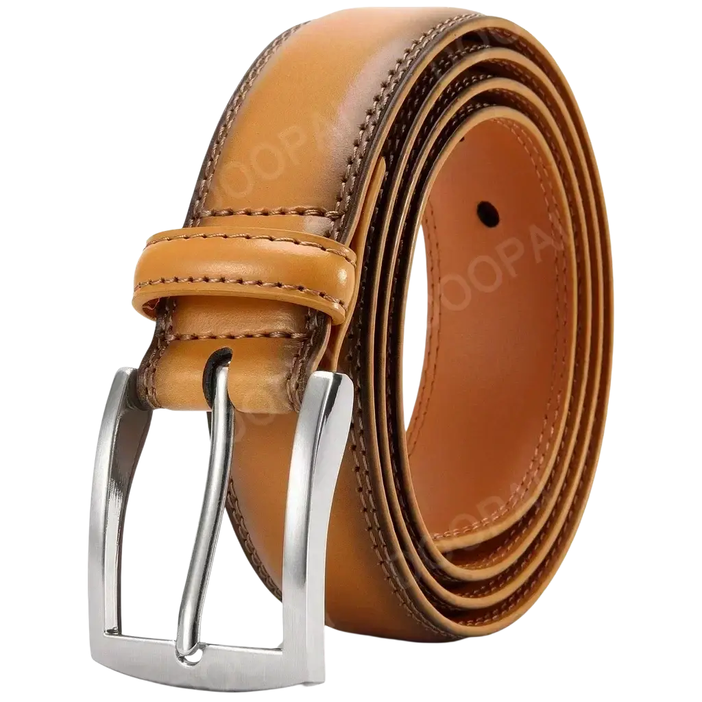 Men leather ratchet belt in tan leather with an automatic polished silver buckle and contrasting dark stitching