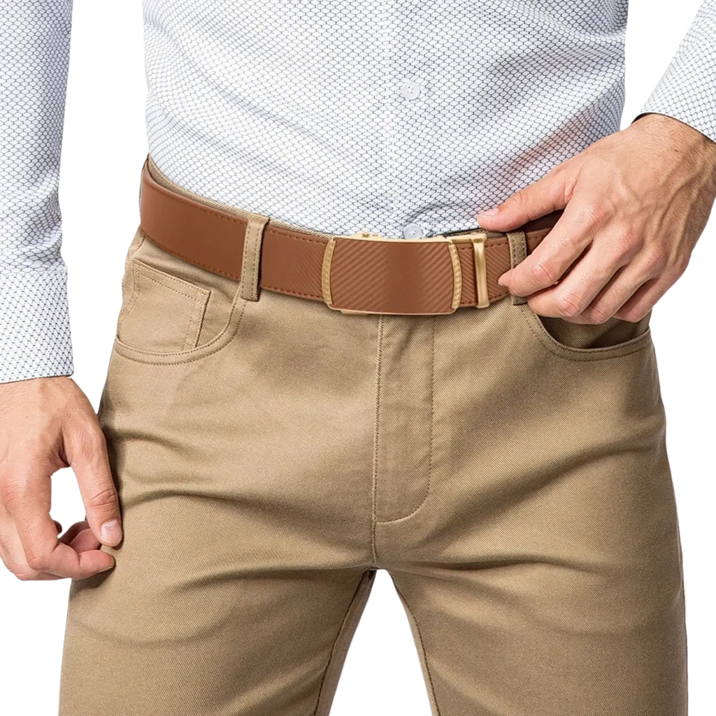 Tan leather men leather ratchet belt with gold-toned textured automatic buckle for adjustable fit