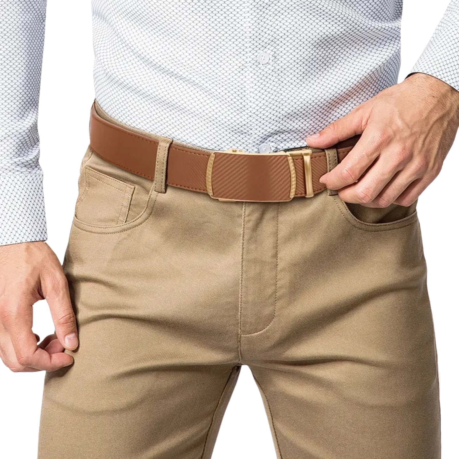 Tan leather men leather ratchet belt with gold-toned textured automatic buckle for adjustable fit