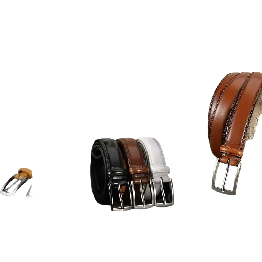 A trio of men leather ratchet belts in black brown and white with silver-toned automatic buckles