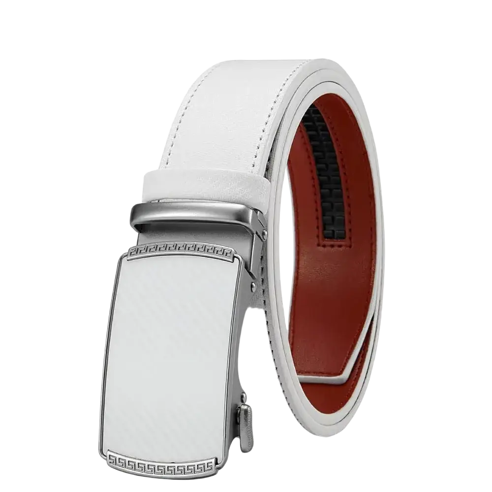 Men leather ratchet belt in white leather with silver-toned automatic buckle and greek key pattern detailing