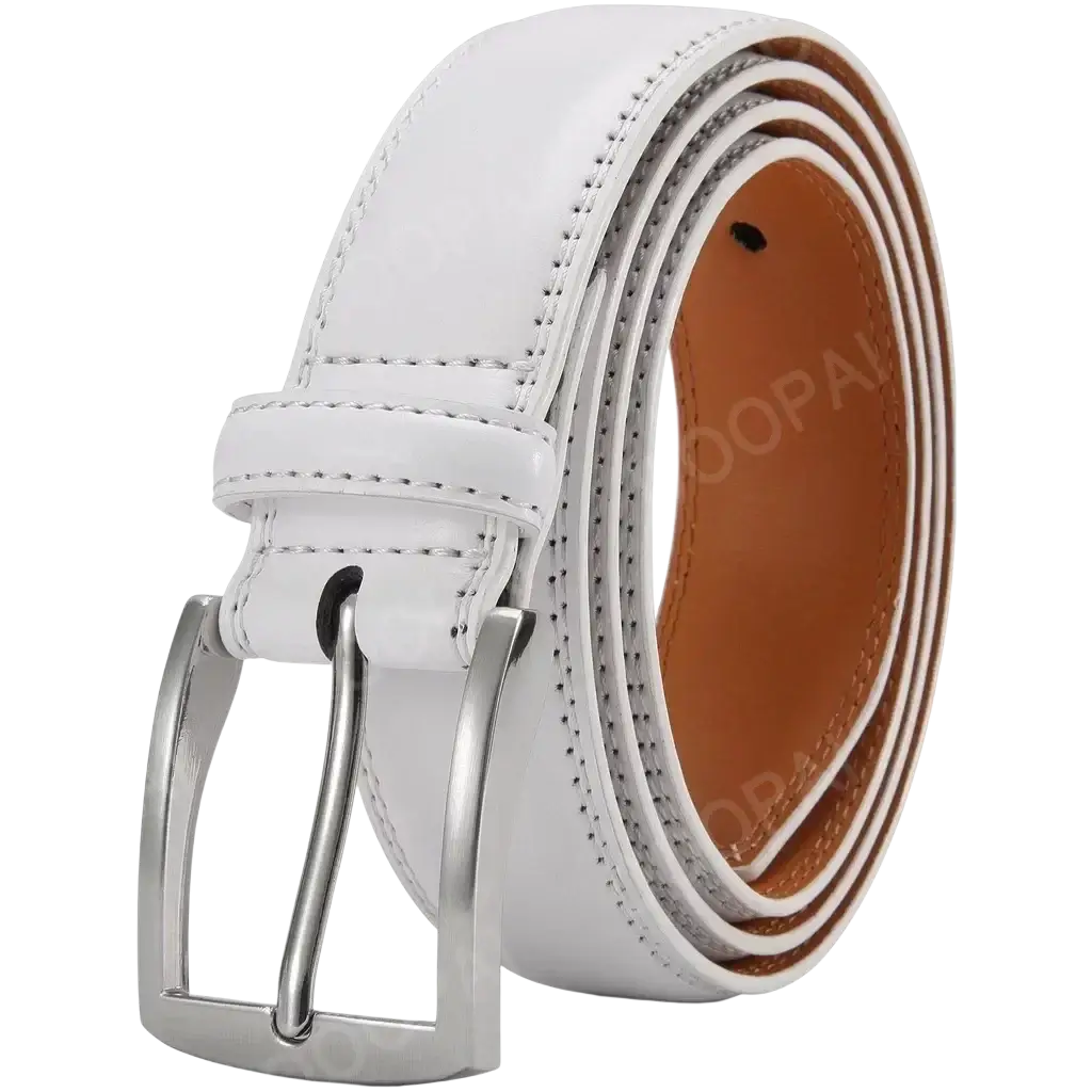 Men leather ratchet belt in white leather with silver-toned automatic buckle and contrasting tan inner lining