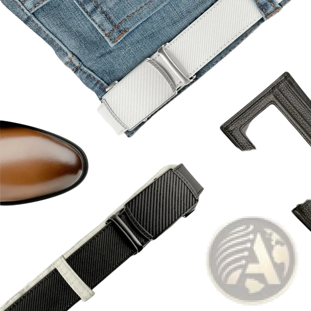 White leather men ratchet belt with textured design and silver-toned automatic buckle for easy adjustment