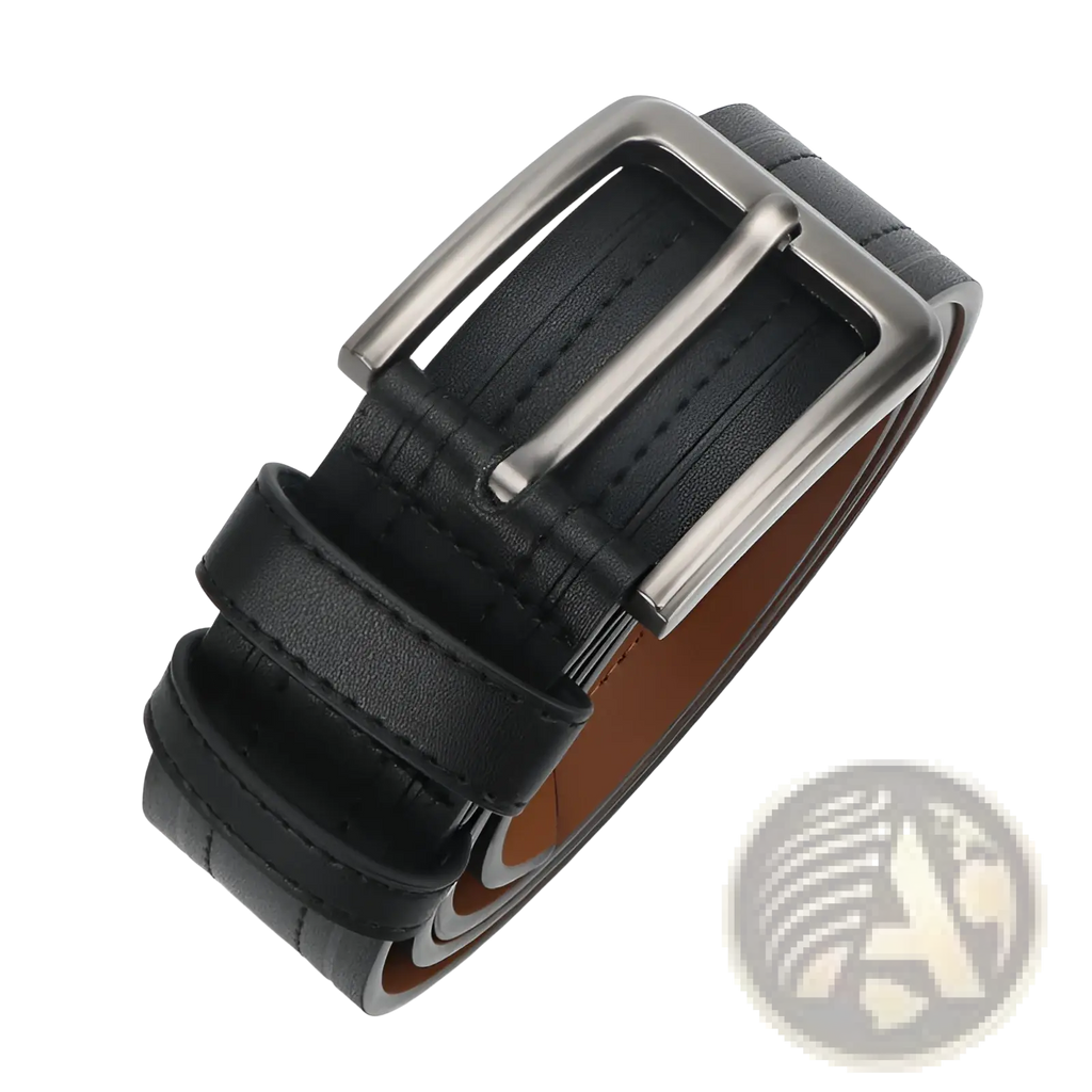 Men leather ratchet belt in black with silver metal buckle and visible stitching for formal and casual work use