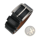 Men leather ratchet belt in black with silver metal buckle and visible stitching for formal and casual work use