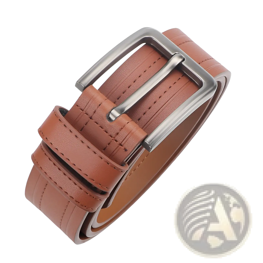 Brown leather ratchet belt with a silver-toned rectangular buckle for formal and casual workwear