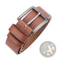 Brown leather ratchet belt with a silver-toned rectangular buckle for formal and casual workwear