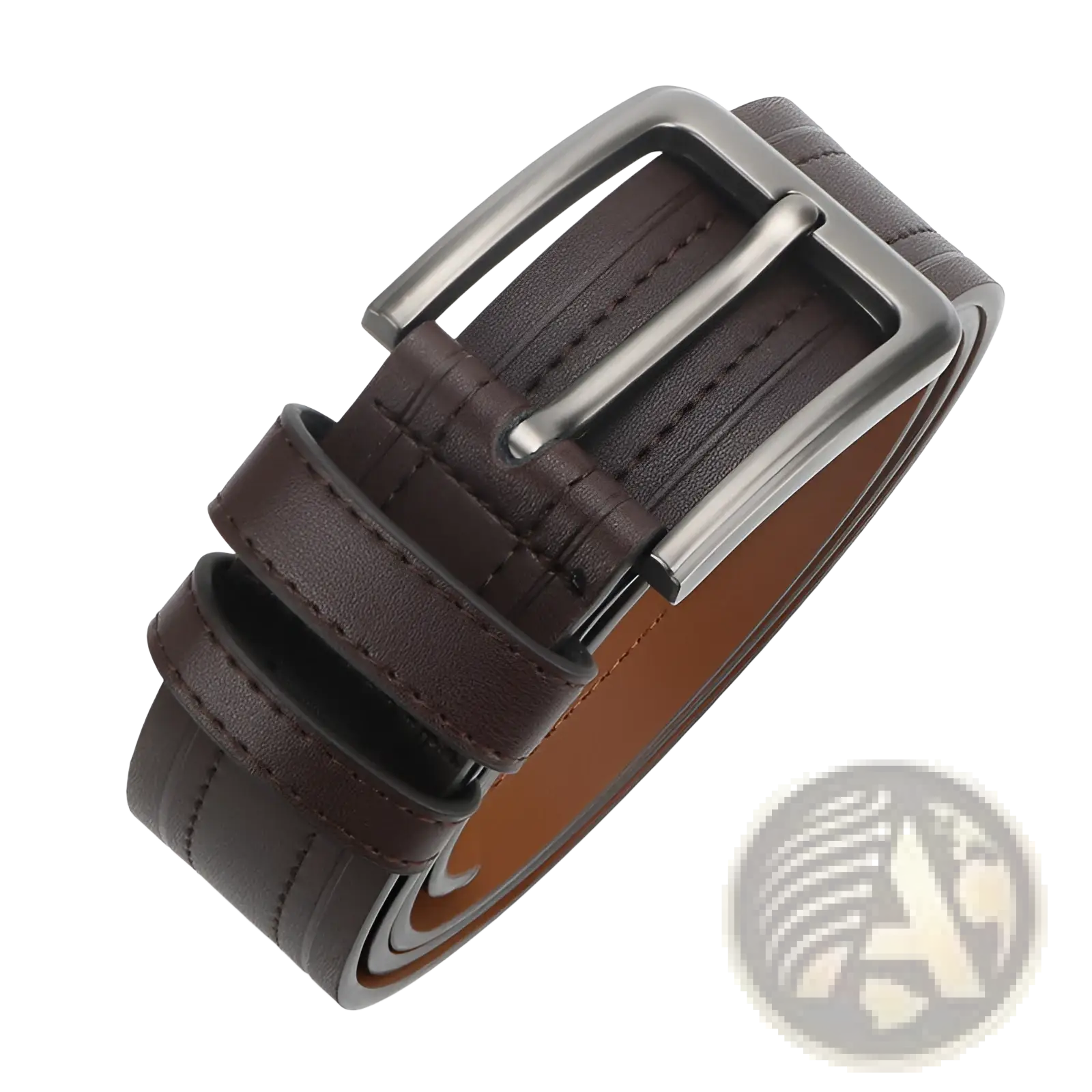 Men leather ratchet belt in brown with silver-toned rectangular buckle and visible edge stitching for formal and casual work