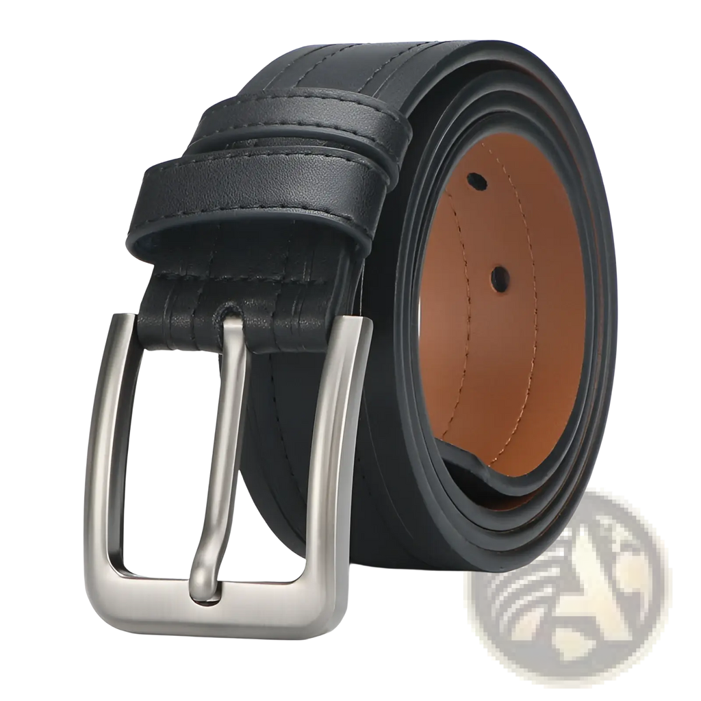Black leather men ratchet belt with silver-toned buckle and tan inner lining for formal and casual work wear