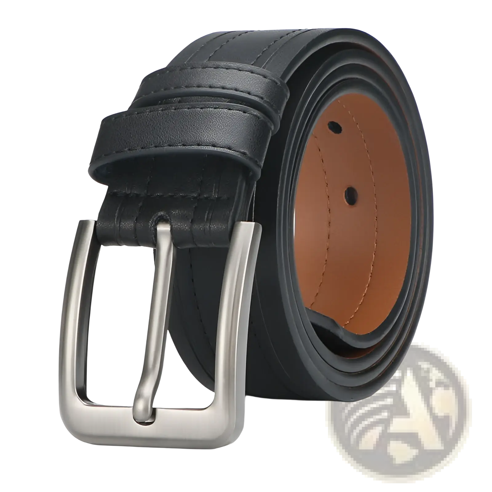 Black leather men ratchet belt with silver-toned buckle and tan inner lining for formal and casual work wear