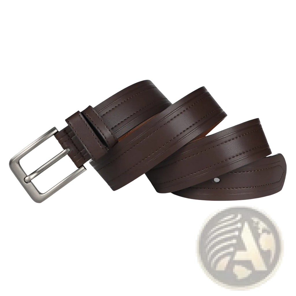 Men leather ratchet belt in brown with silver-toned buckle and subtle stitched detailing for formal and casual work