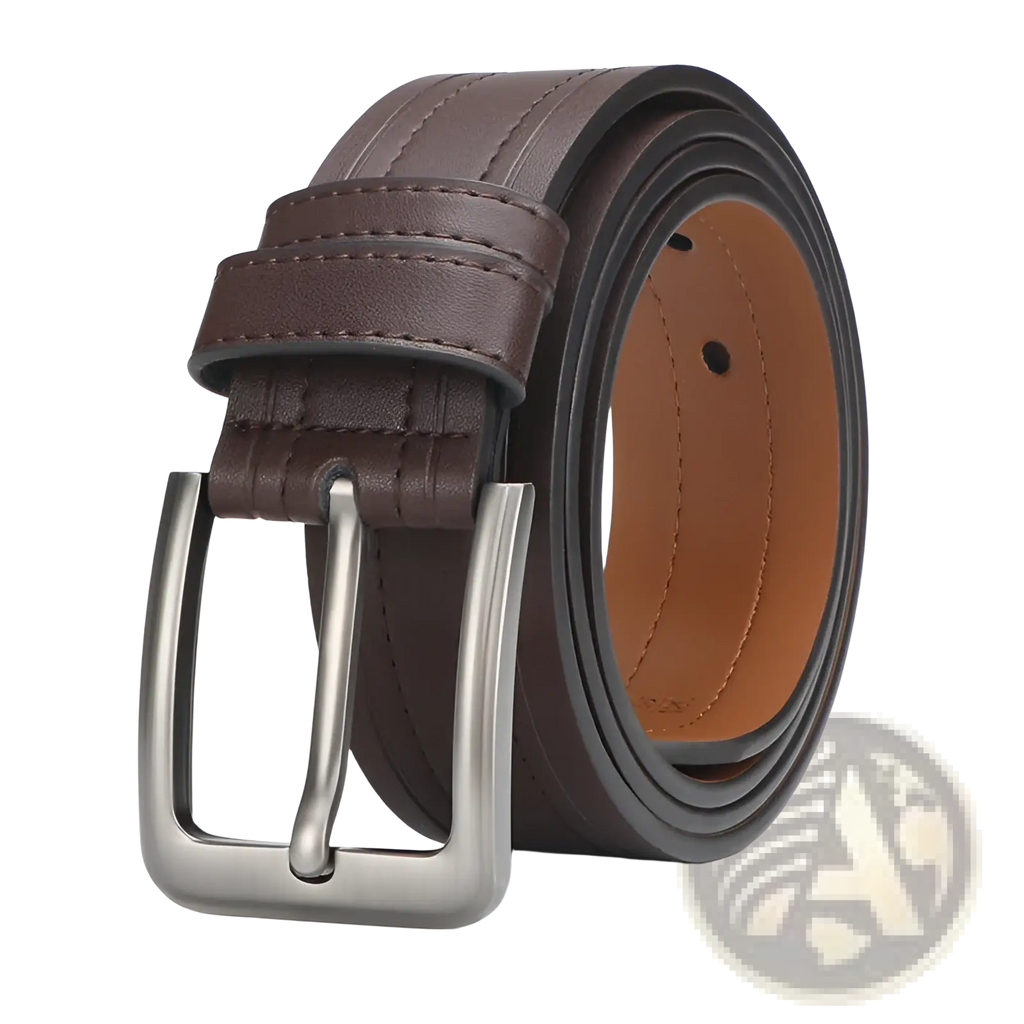 Brown leather ratchet belt with silver-toned buckle designed for men formal and casual work wear