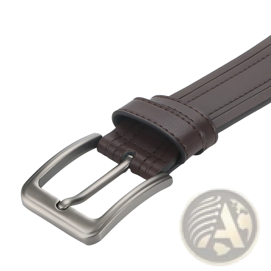 Men leather ratchet belt in brown with sleek silver toned metal buckle for formal and casual workwear
