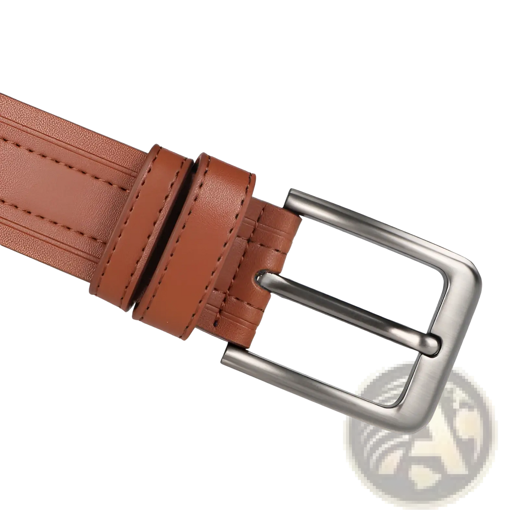 Men leather ratchet belt in tan leather with a silver-toned rectangular buckle for formal and casual workwear