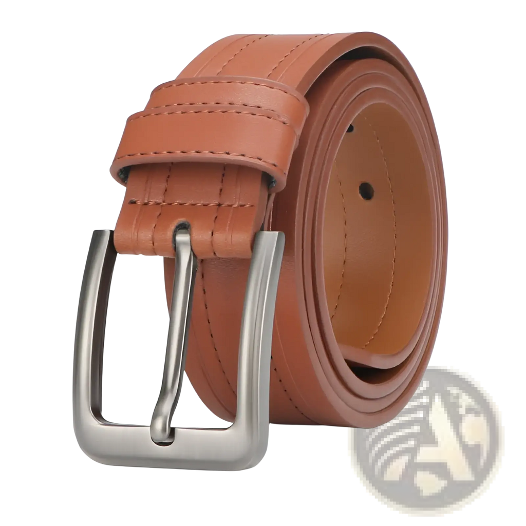 Tan leather men ratchet belt with silver-toned metal buckle suitable for formal and casual workwear