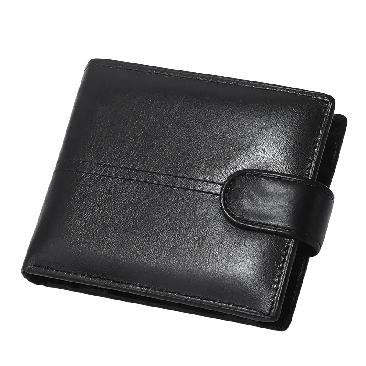 Black leather men rfid wallet with large capacity coin pocket and minimalist single strap closure design