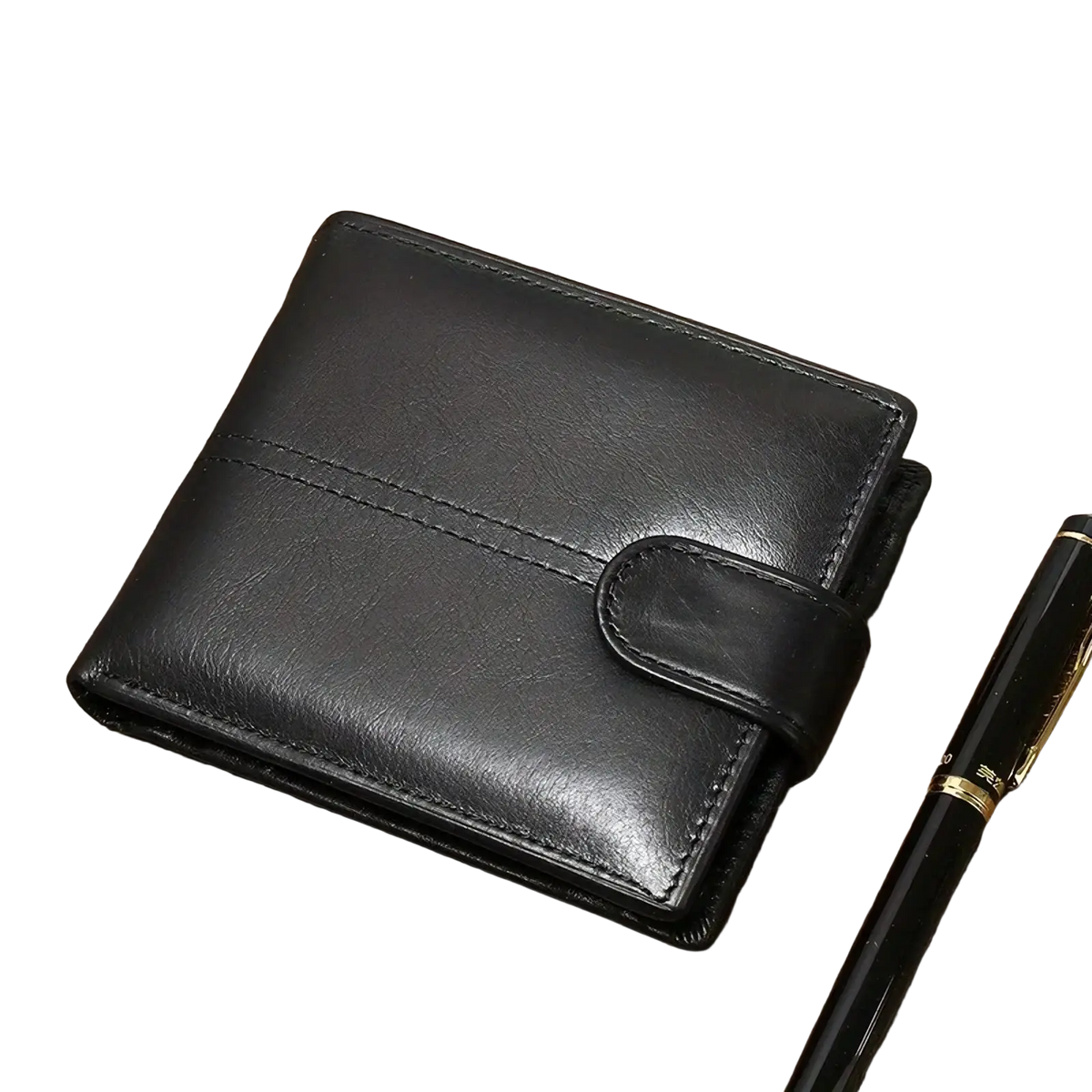 Black leather men wallet with flap closure and stitched detailing featuring large capacity coin pocket and RFID protection
